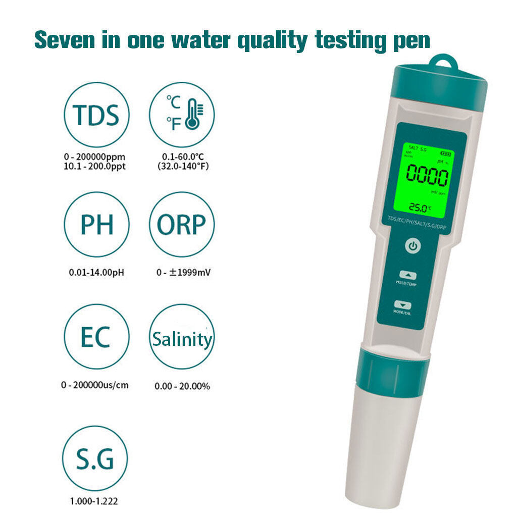 IP67 Waterproof 7-in-1 PH/EC/TDS Water Quality Tester Pen