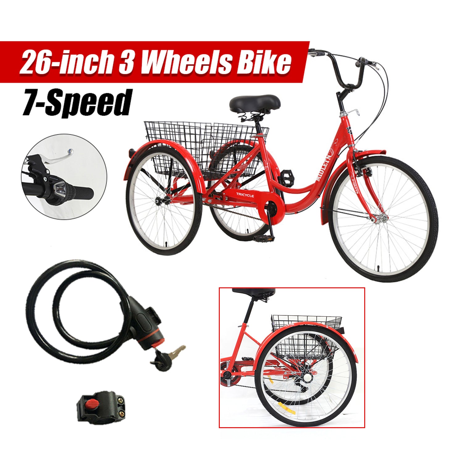 26-Inch 7-Speed Adult Tricycle, Steel Frame, Red, Free Lock