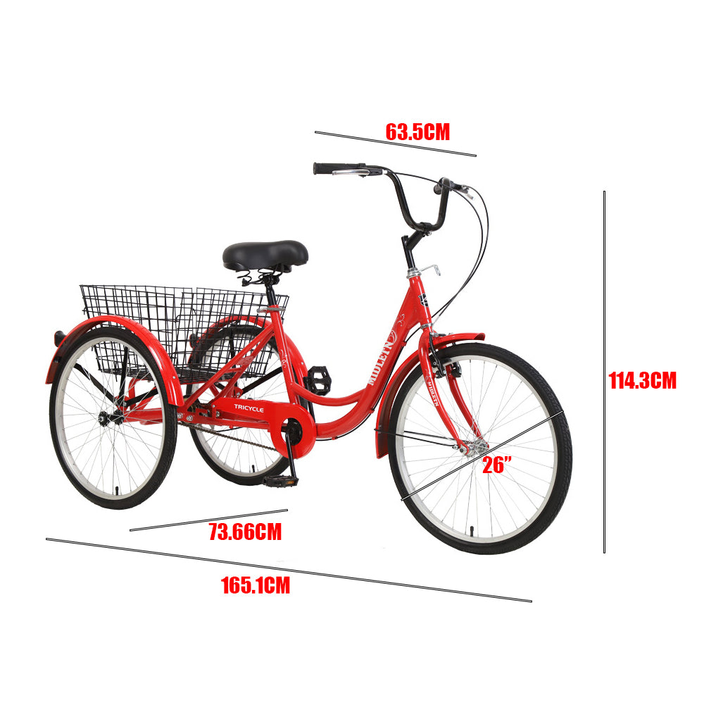 26-Inch 7-Speed Adult Tricycle, Steel Frame, Red, Free Lock