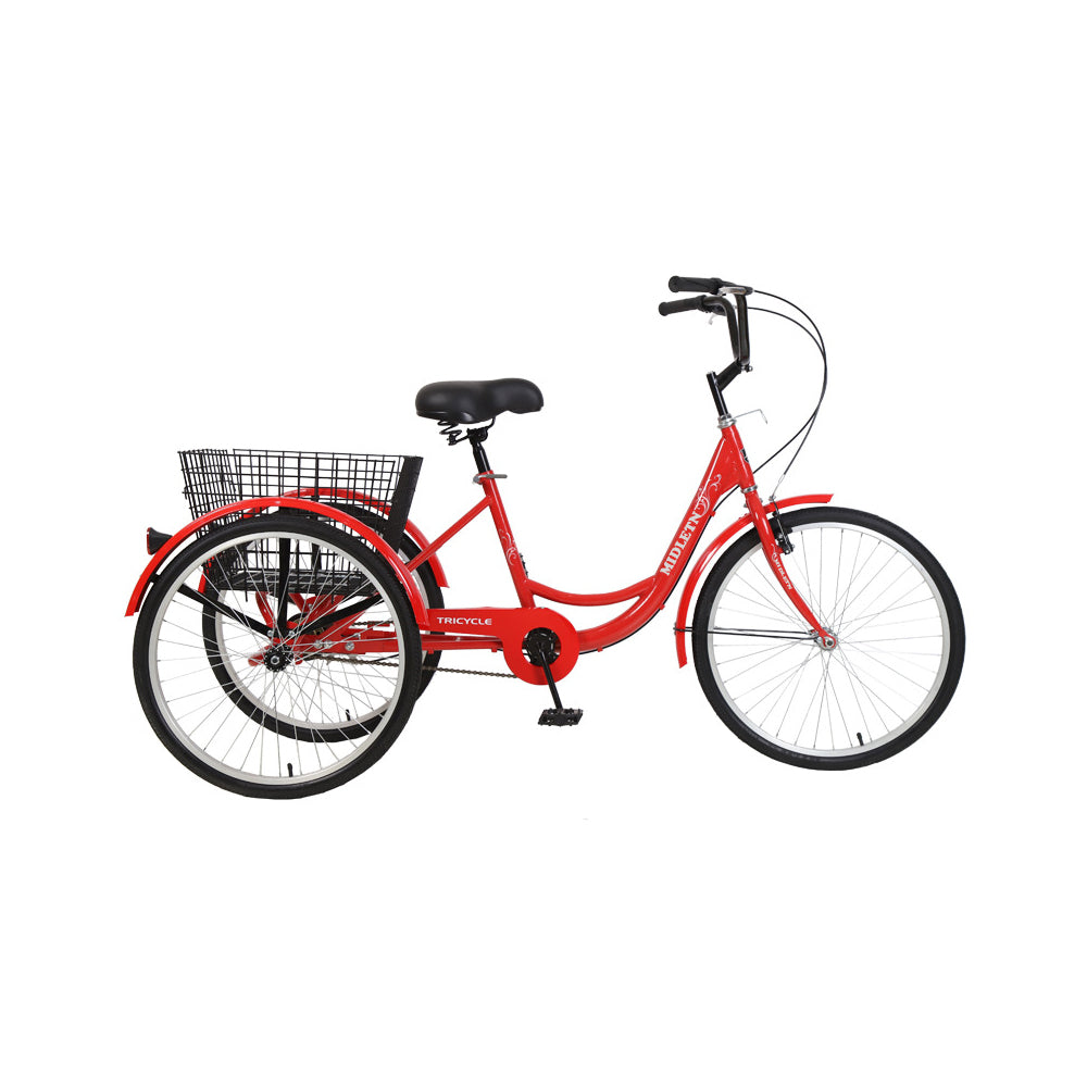 26-Inch 7-Speed Adult Tricycle, Steel Frame, Red, Free Lock