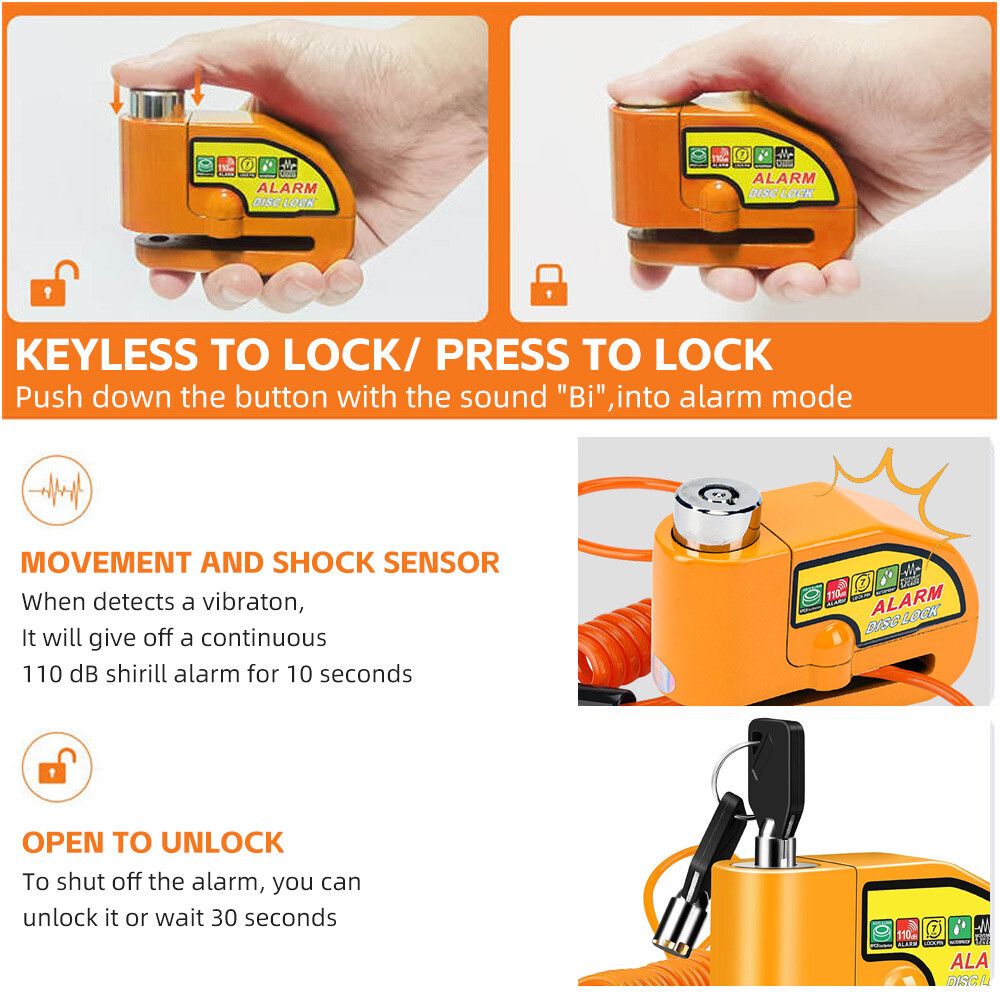 Yellow Motorcycle Alarm Disc Lock Motor Bike Brake Security Electric Bicycle Lock AU