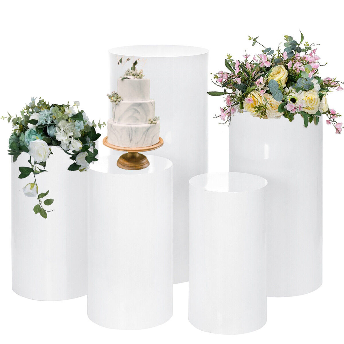 White Iron Round Plinth Cylinder Display Stands - 5PCS