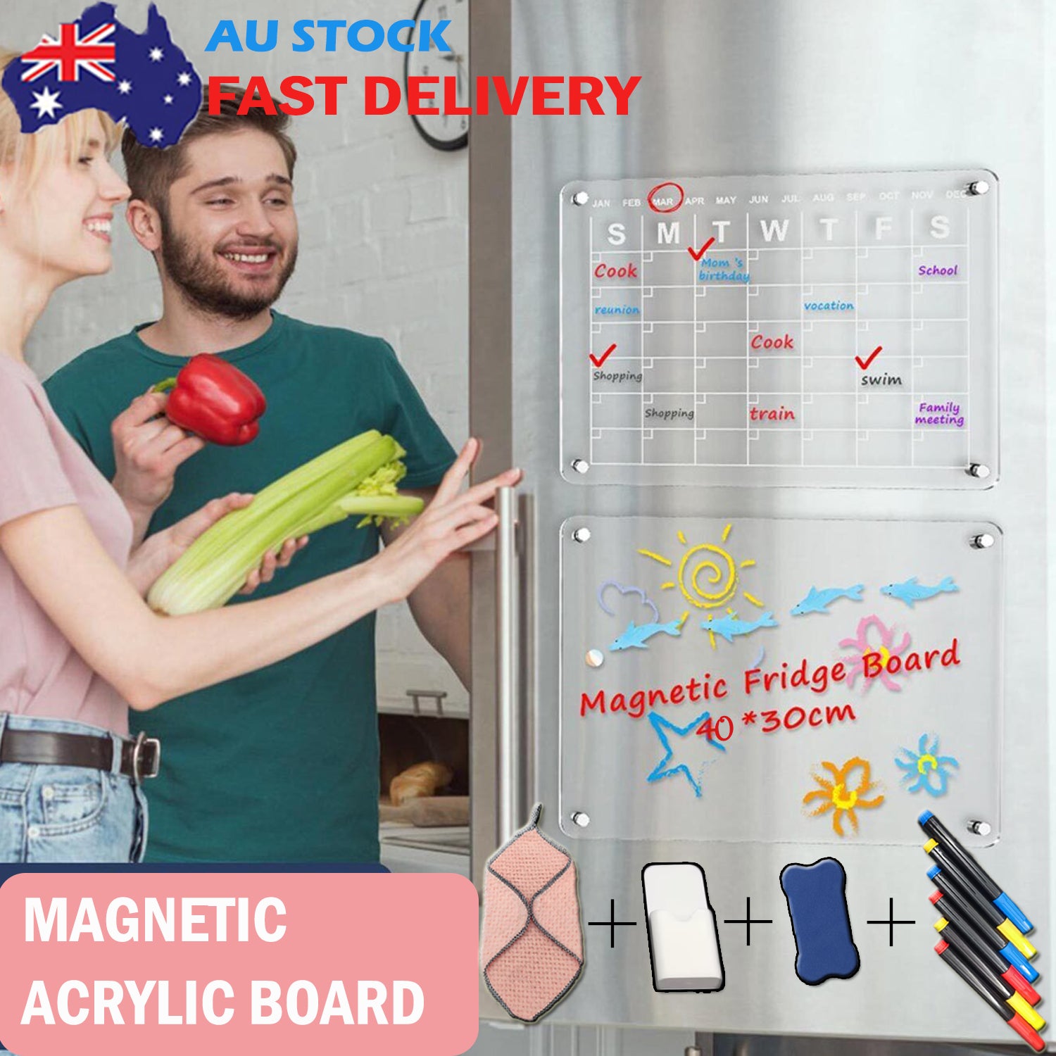 Transparent Magnetic Acrylic Fridge Calendar Set, 40x30cm