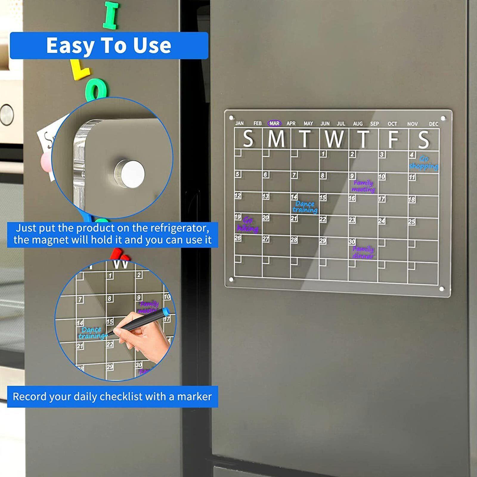 Transparent Magnetic Acrylic Fridge Calendar Set, 40x30cm