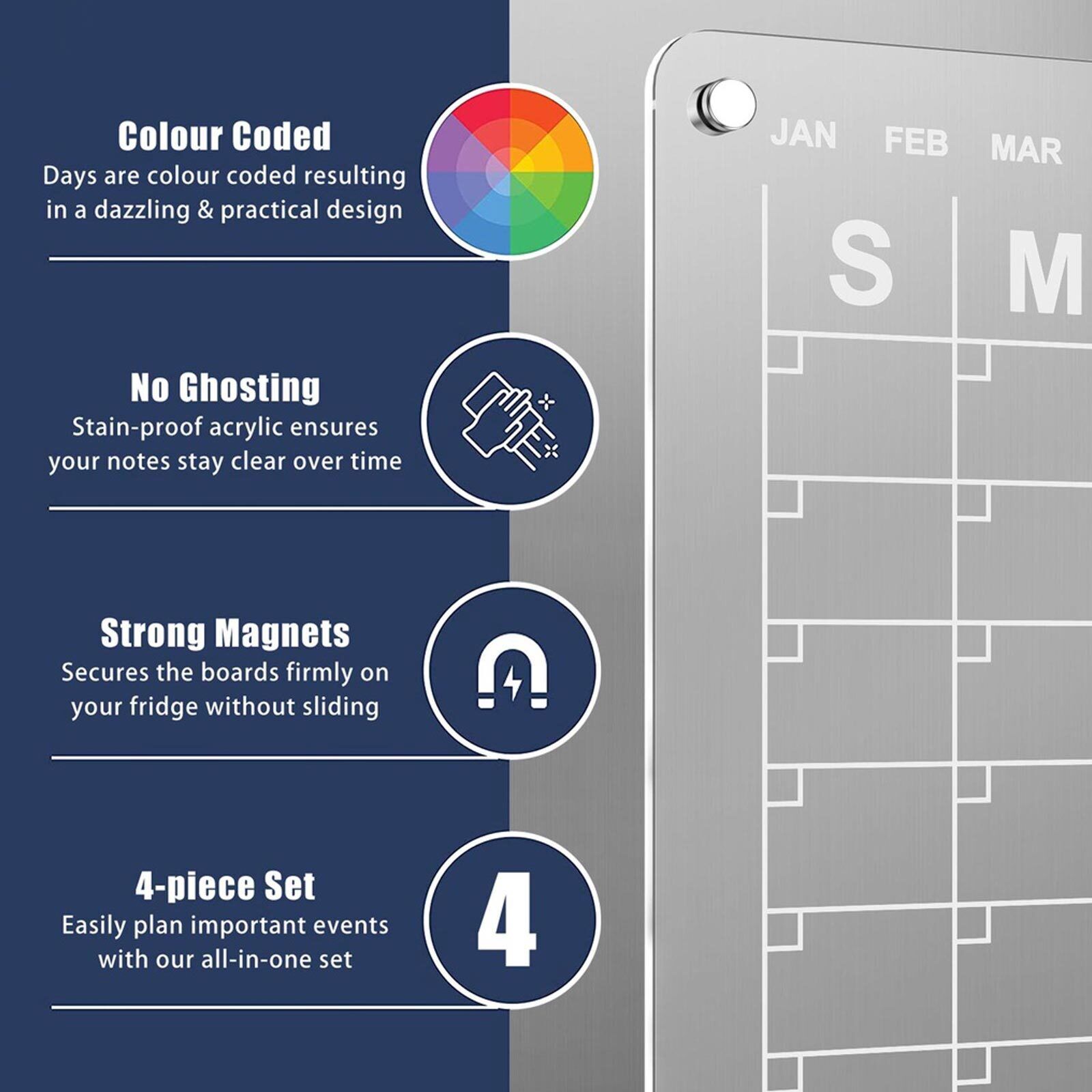 Transparent Magnetic Acrylic Fridge Calendar Set, 40x30cm