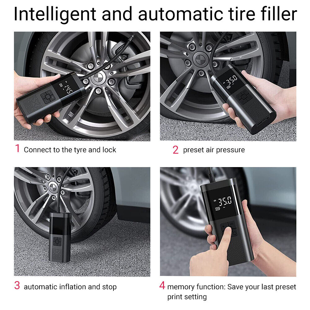 6000mAh Cordless Car Tyre Inflator, LCD, USB, 12V, Auto Off