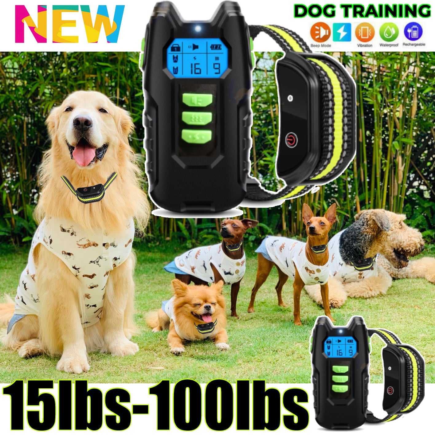 IP67 Waterproof Electric Dog Training Collar, Sound, Vibration, USB Rechargeable, 1000m Range