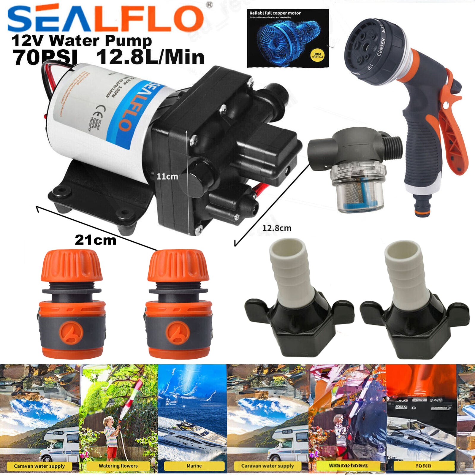 12V High Pressure Water Pump Self-priming 20.8L/M 70PSI SEALFLO