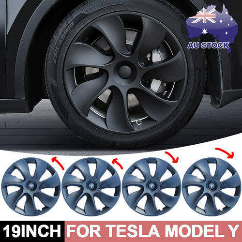 Matte Gray 19" Tesla Y Wheel Caps & Mud Flaps - 8 Pc Set