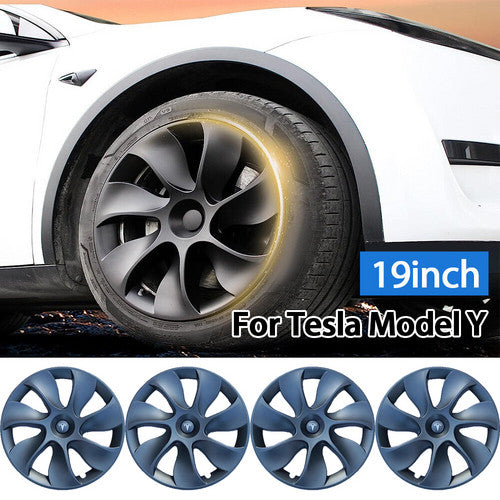 Matte Gray 19" Tesla Y Wheel Caps & Mud Flaps - 8 Pc Set