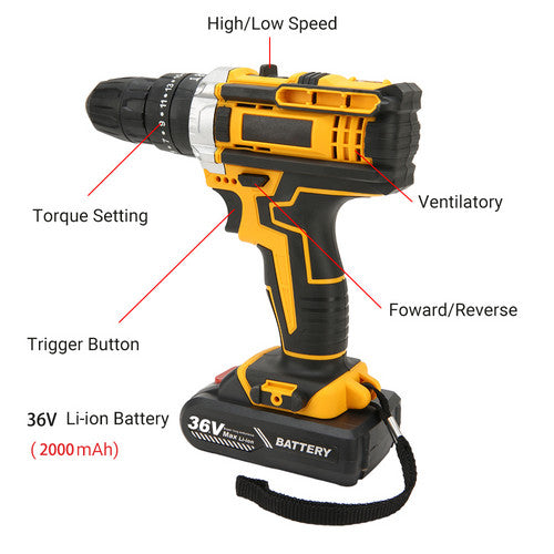 48V Heavy Duty Cordless Drill Kit, 28Nm Torque, 2 Batteries