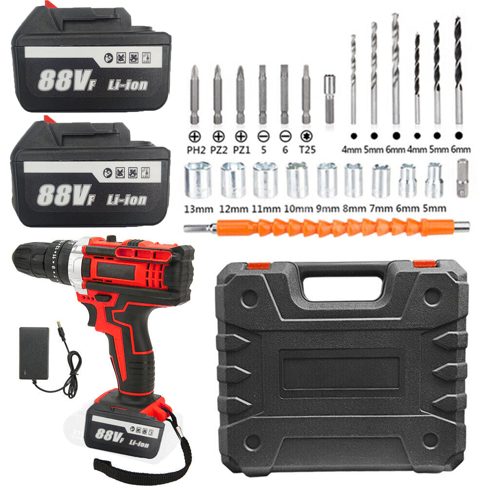 36V Cordless Drill w/ 2 Batteries, Brushless Hammer, 88V Impact Driver Kit