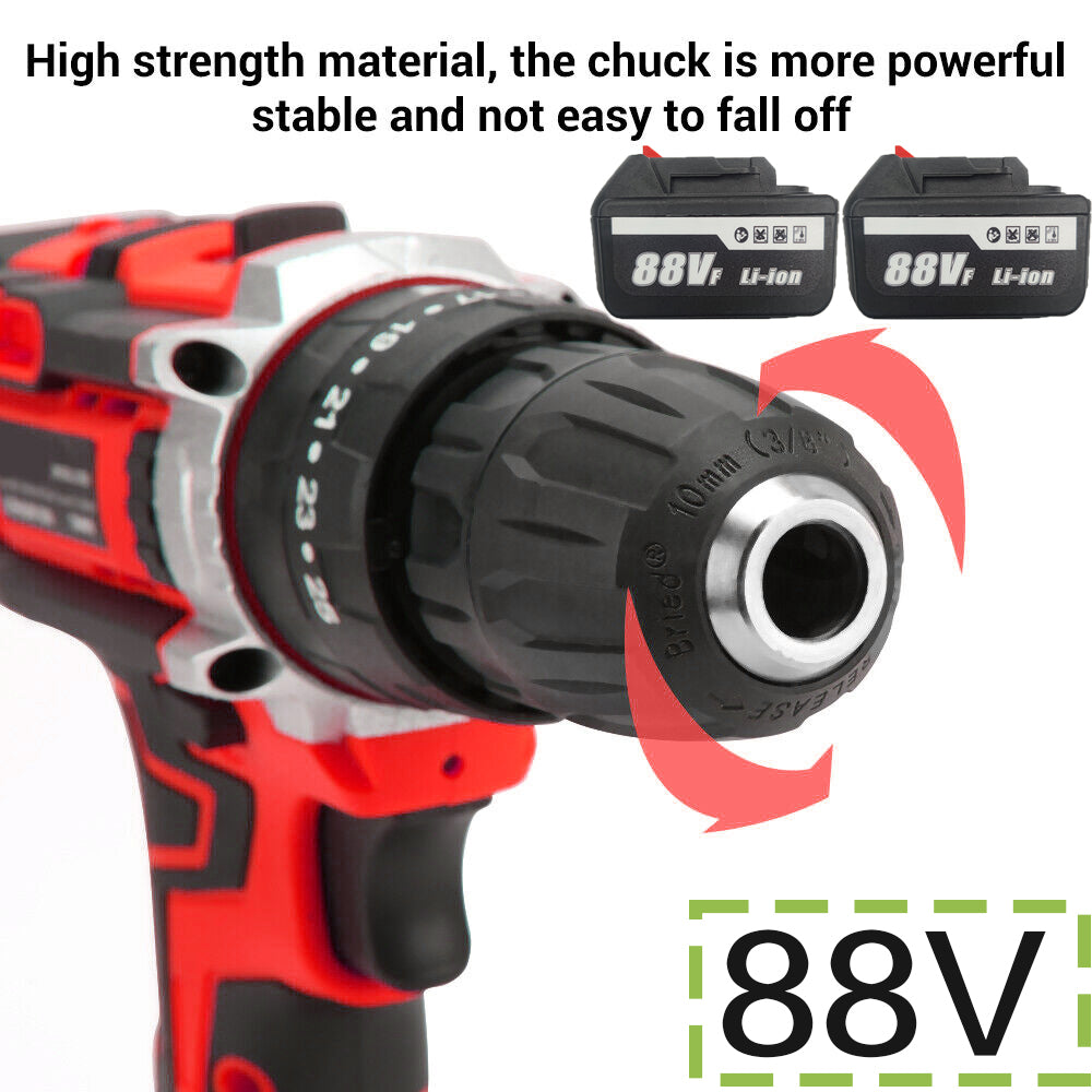 36V Cordless Drill w/ 2 Batteries, Brushless Hammer, 88V Impact Driver Kit