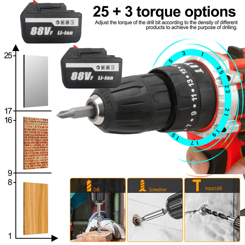 36V Cordless Drill w/ 2 Batteries, Brushless Hammer, 88V Impact Driver Kit