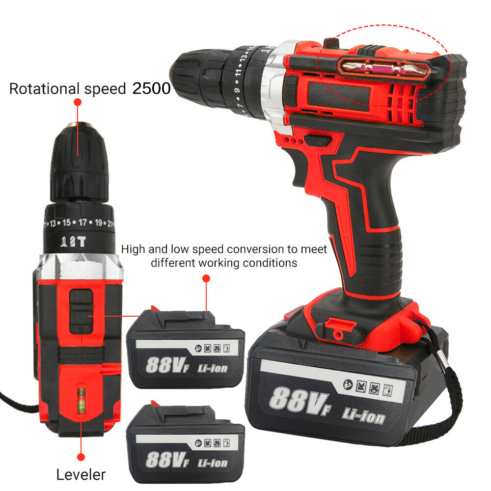 36V Cordless Drill w/ 2 Batteries, Brushless Hammer, 88V Impact Driver Kit