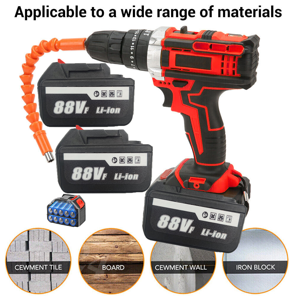 36V Cordless Drill w/ 2 Batteries, Brushless Hammer, 88V Impact Driver Kit