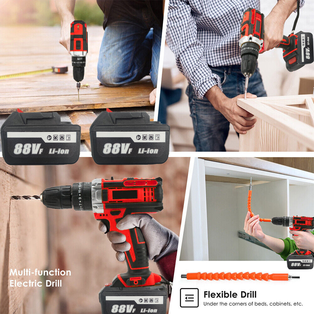 36V Cordless Drill w/ 2 Batteries, Brushless Hammer, 88V Impact Driver Kit