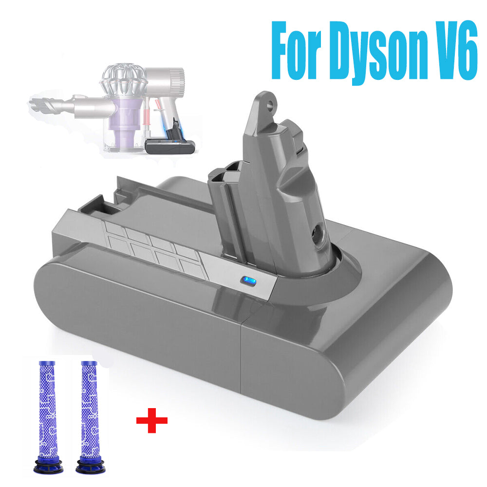 9900mAh Li-ion Battery for Dyson V6, 21.6V, Grey + 2 Filters