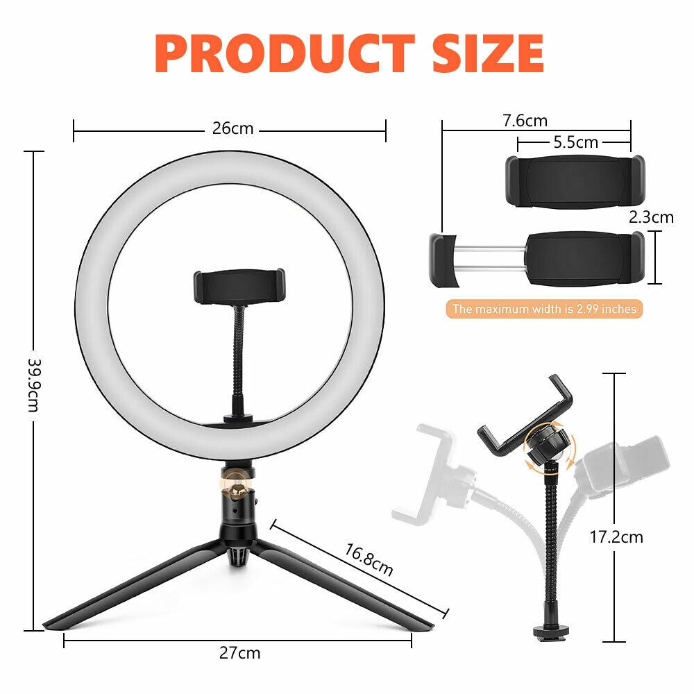 10" Dimmable LED Ring Light with Tripod & USB - Makeup Selfie