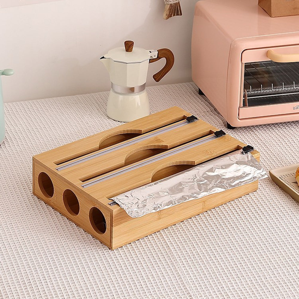 3-Grid Bamboo Food Wrap Dispenser with Cutter and Anti-slip Pads