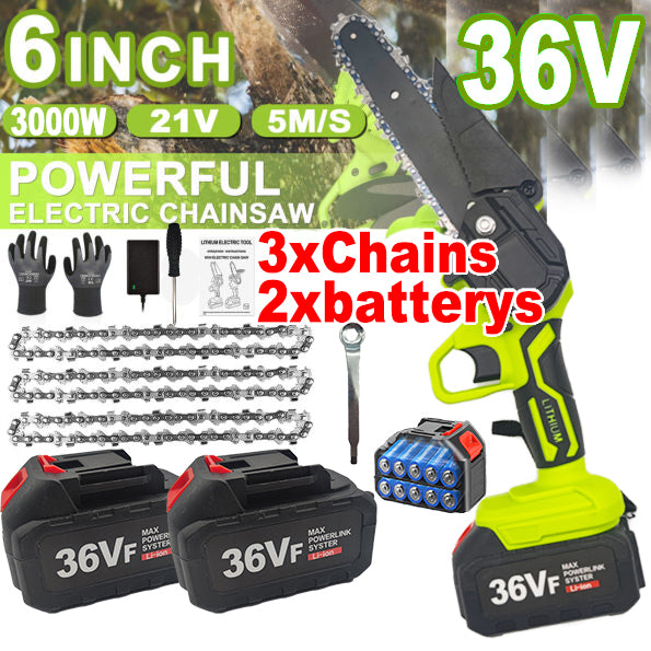 36V 3000W Mini Cordless Chainsaw 6" w/ 2 Batteries