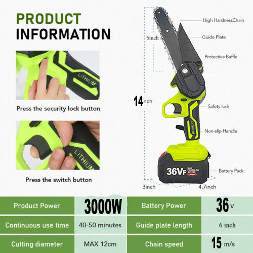 36V 3000W Mini Cordless Chainsaw 6" w/ 2 Batteries