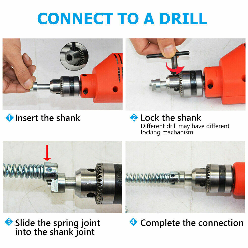 12M Electric Drain Snake & 6 Drill Bits, Steel Pipe Cleaner