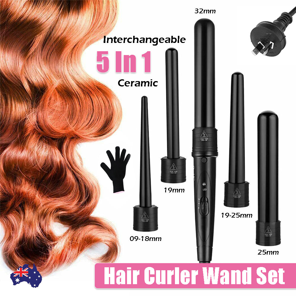 5 in 1 Ceramic Hair Curler Wand Set LCD Adjustable Temp