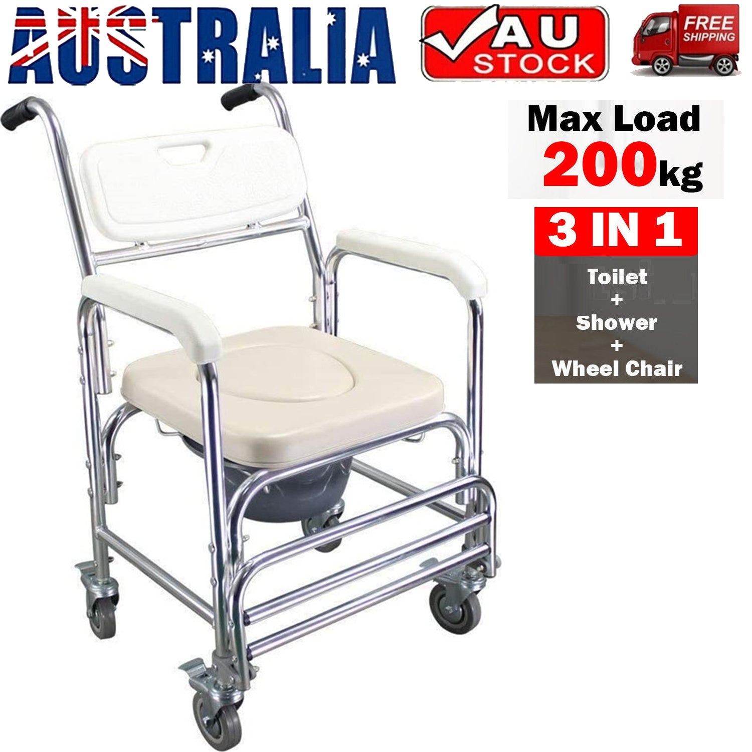 Foldable Aluminum Mobile Shower Toilet Commode Chair, 200kg Capacity