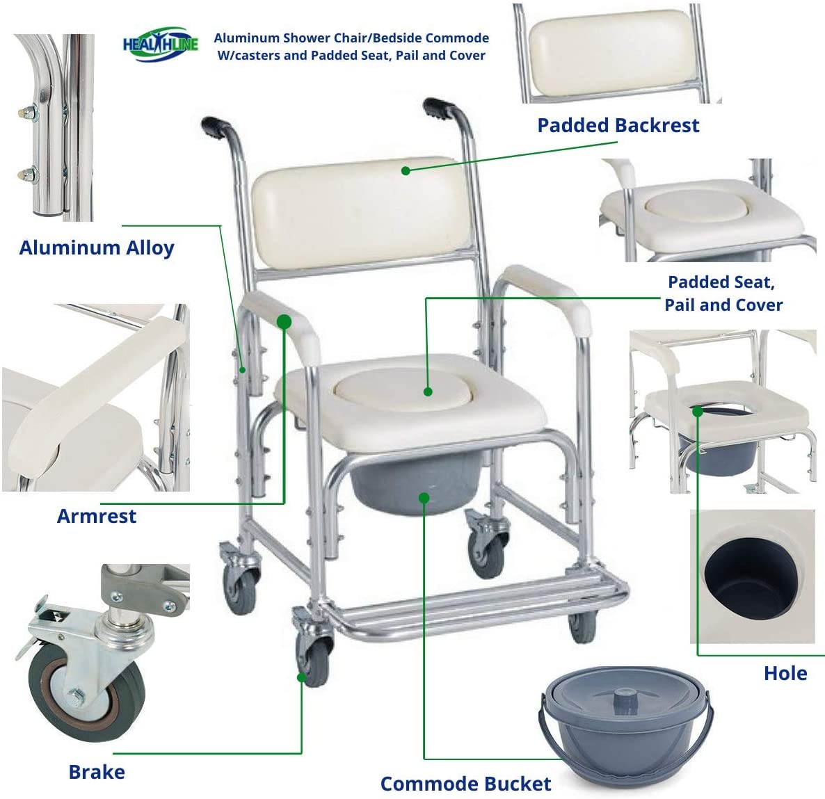 Foldable Aluminum Mobile Shower Toilet Commode Chair, 200kg Capacity