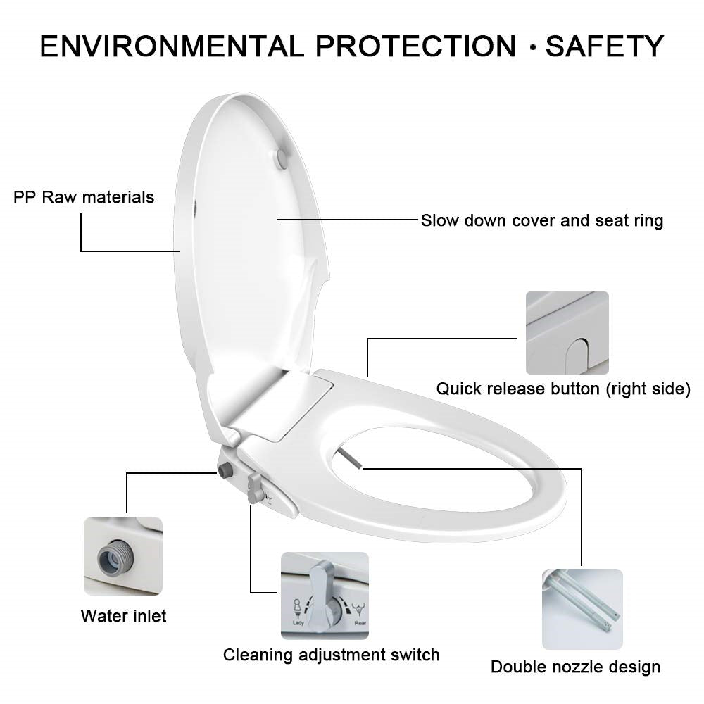 Dual Nozzle Non-Electric Bidet Toilet Seat, Soft-Close, Adjustable