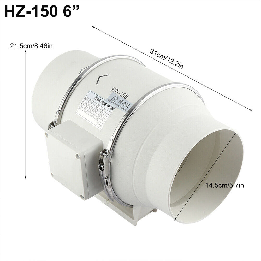 6" Hydroponic Inline Exhaust Fan, IPX4, 540m³/h Airflow