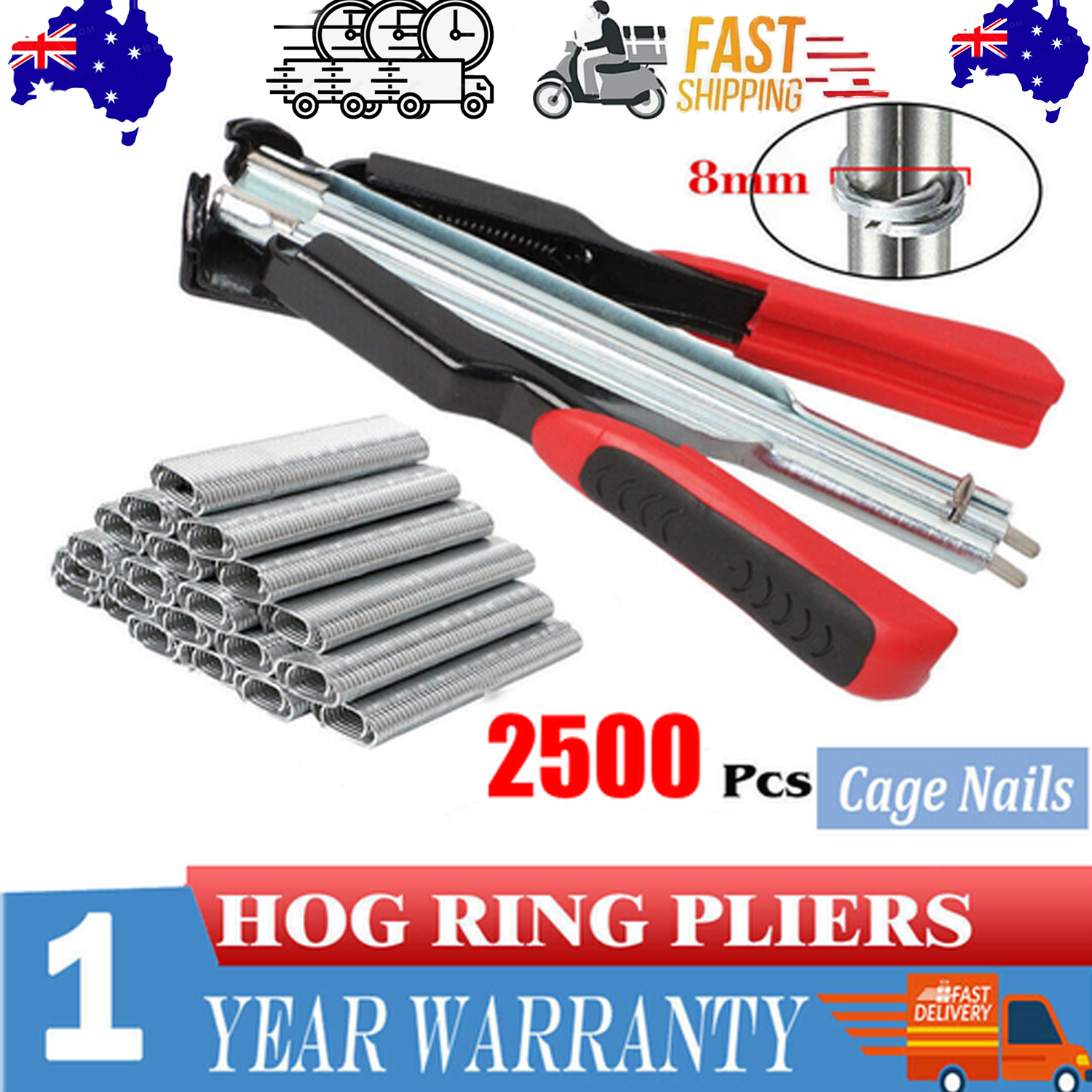 Hog Ring Gun C Clip Auto Feed Nailer Pliers+2500pcs Galvanised Steel Hogring Set