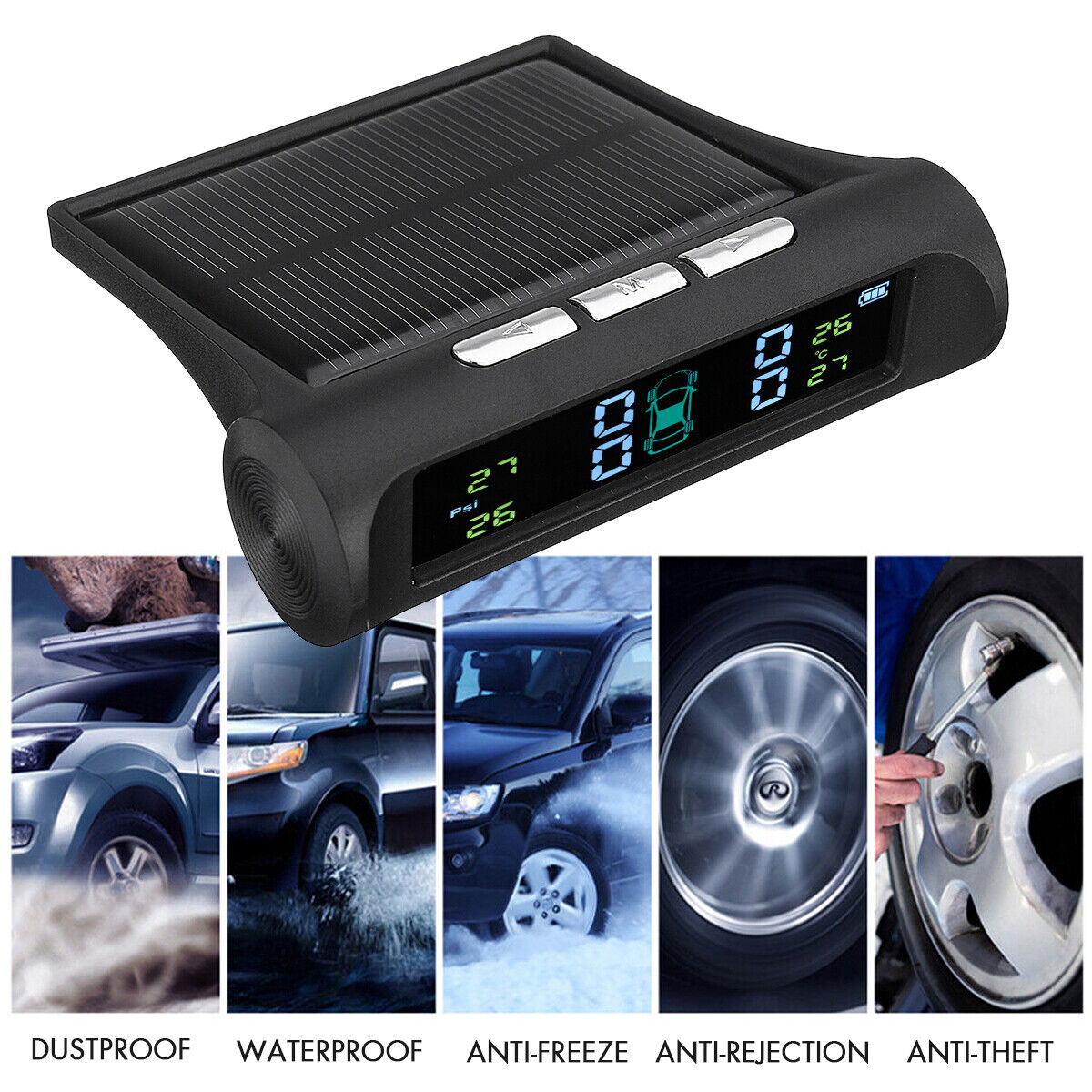 Solar Wireless 4-Sensor TPMS w/ LCD, Waterproof, Alarms