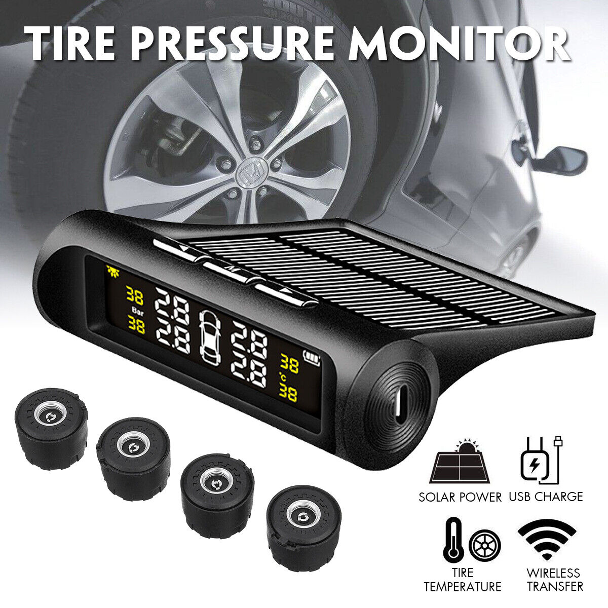 Solar Wireless 4-Sensor TPMS w/ LCD, Waterproof, Alarms