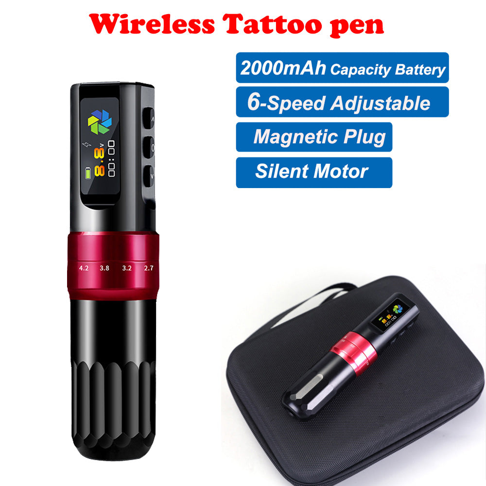 Red Wireless Tattoo Pen Rotary Machine Adjustable Stroke OLED 6pc