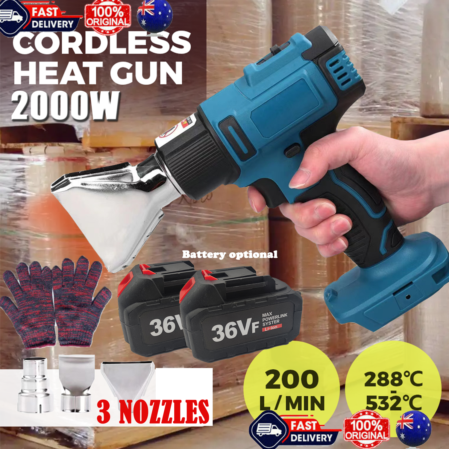 2000W Cordless Heat Gun with Nozzles, Ergonomic, Battery-Powered