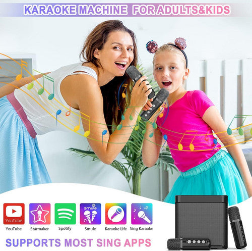 Black Karaoke Machine with 2 Wireless Microphones Bluetooth-Compatible 5.0 for Parties