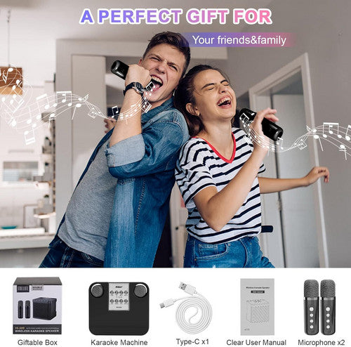 Black Karaoke Machine with 2 Wireless Microphones Bluetooth-Compatible 5.0 for Parties