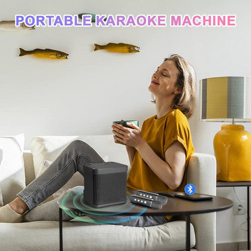 Black Karaoke Machine with 2 Wireless Microphones Bluetooth-Compatible 5.0 for Parties