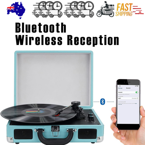 Blue Retro Briefcase Vinyl Record Player Suitcase 3 Speed Turntable Stereo Christmas