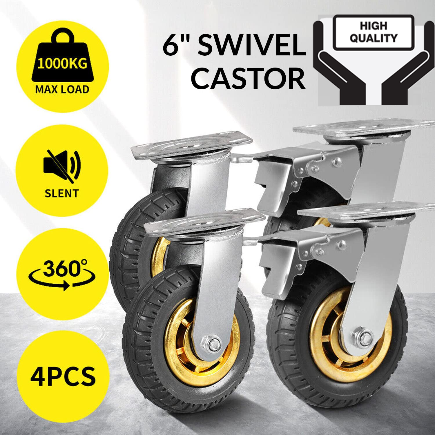 4X 6" / 150mm Heavy Duty Swivel Caster Wheels Castor 1000KG Load,2 with Brakes