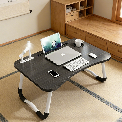 Black Laptop Stand Table Foldable Desk Computer Study Bed Adjustable Cup Slot Tray/linght and Fan