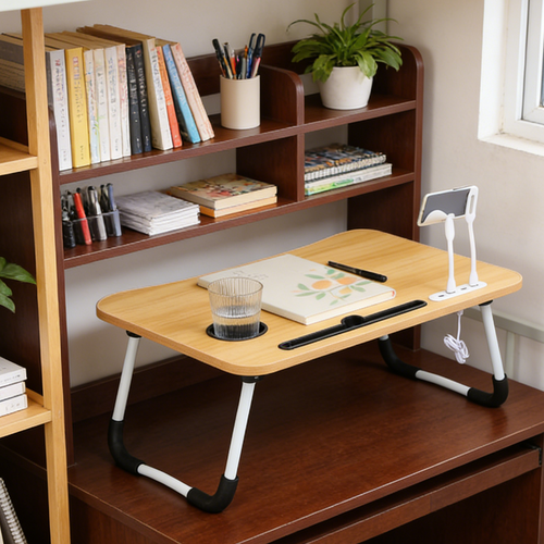 Wood Laptop Stand Table Foldable Desk Computer Study Bed Adjustable Cup Slot Tray/linght and Fan