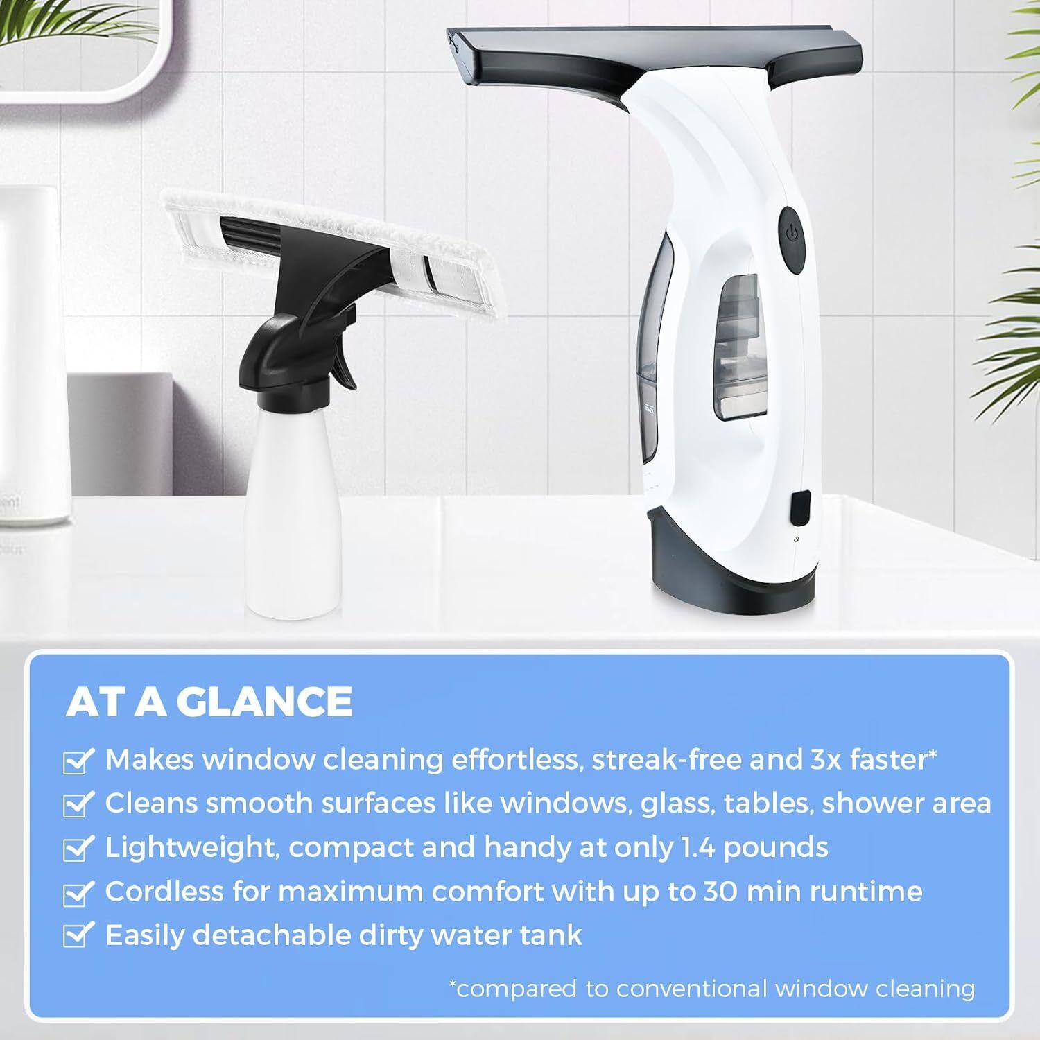 150ml Cordless Window Vacuum Cleaner Set for Windows Tiles Mirrors Shower Home