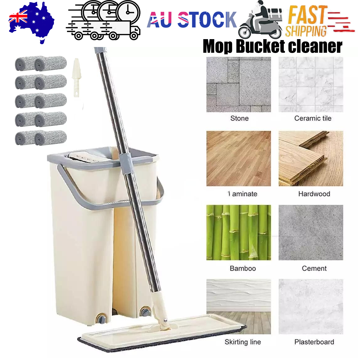 Mop Bucket Wet Dry Rinse Wash 360 Rotating Squeeze Flat Floor Cleaner with Pads