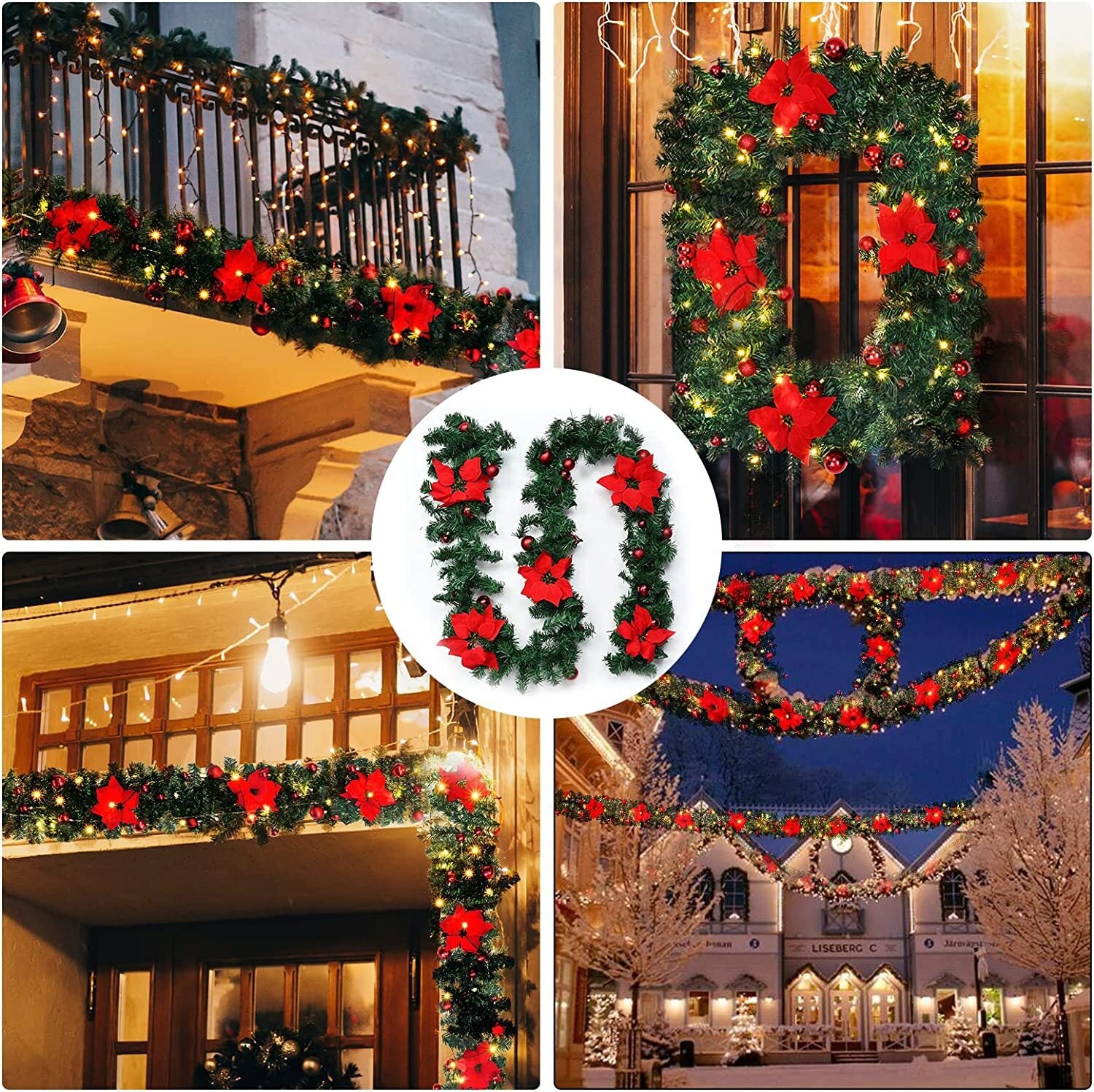 RED 9FT Xmas Christmas Garland Artificial Wreath with LED Lights Stairs Home Rattan