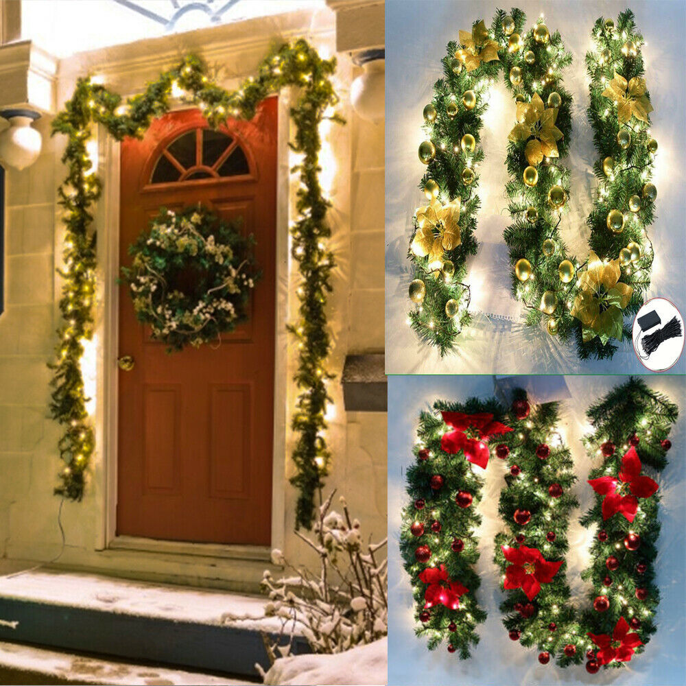 Gloden 9FT Xmas Christmas Garland Artificial Wreath with LED Lights Stairs Home Rattan