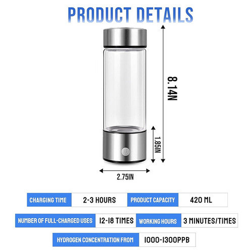 Portable Hydrogen Water Bottle 420ml, Stainless Steel, USB