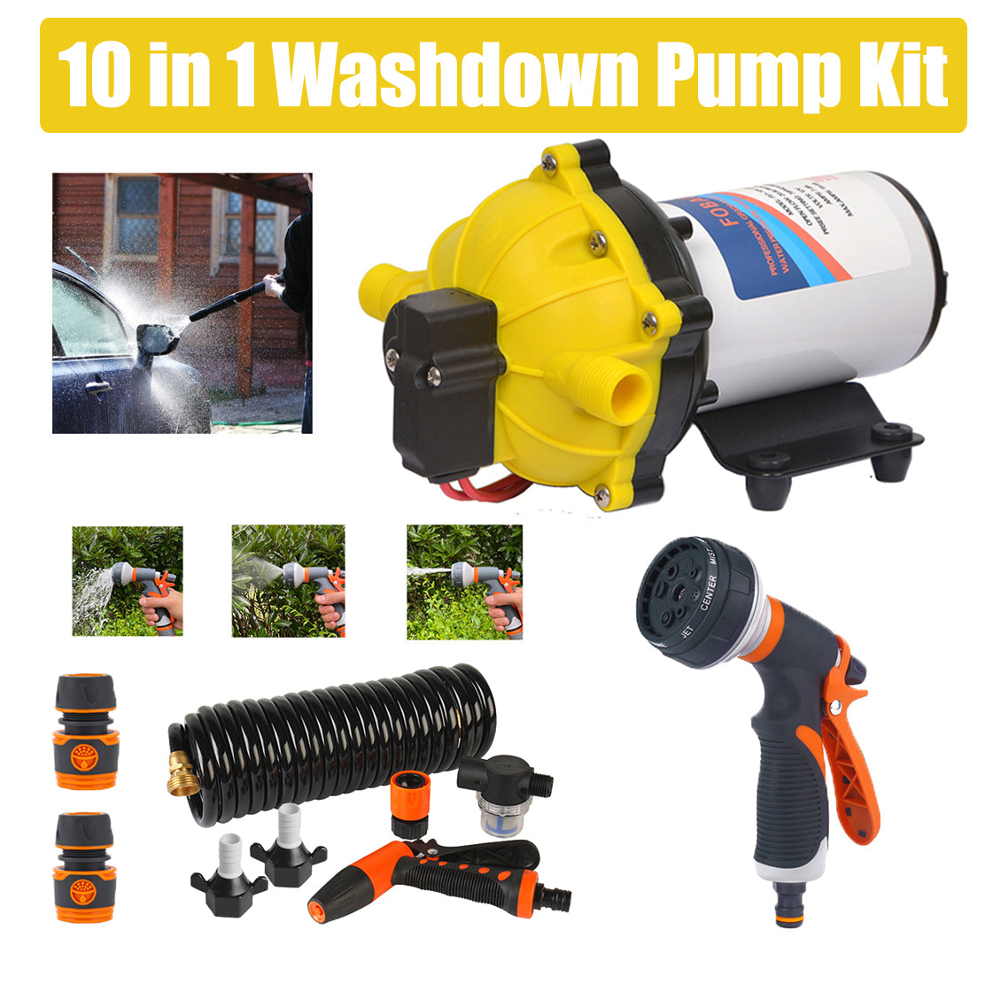 6.6GPM 12V High-Pressure Washdown Pump Kit w/ Nozzles, Hose